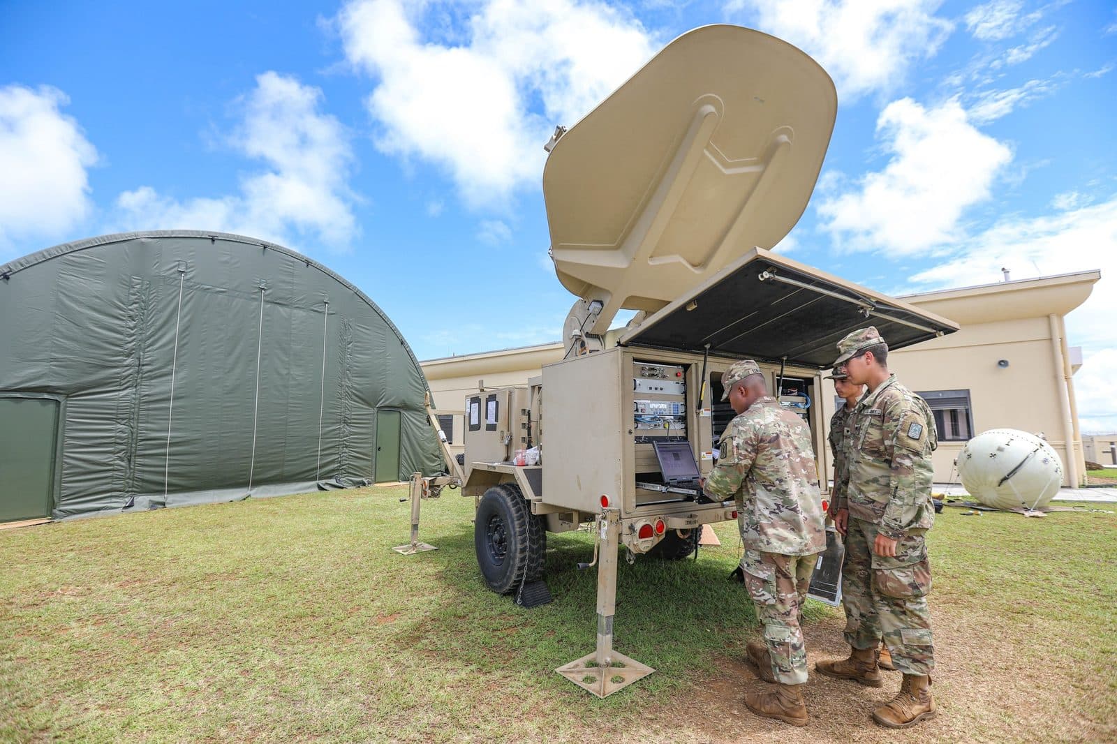 U.S. Army signal soldiers operate a transportable satellite communications terminal during Exercise Forager 21 in Guam
